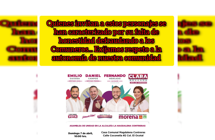 Sin embargo varios comuneros denunciaron que la realidad es para que asistan a un encuentro con la candidata Clara Brugada al gobierno capitalino y los candidatos a la alcaldía y diputacion, Fernando Mercado, Daniel Campos e Emilio Guijosa.